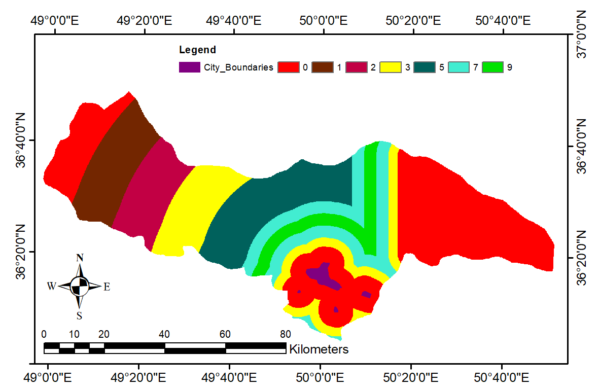 شکل 6. نقشه کلاس‌بندی‌ ارزش‌گذاری شده فاصله از محدوده‌های شهری