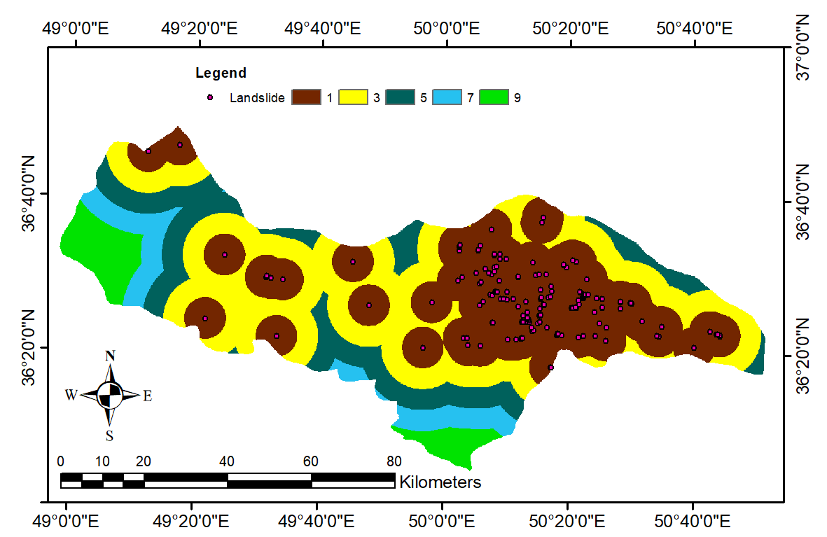 شکل 9. نقشه کلاس‌بندی‌ ارزش‌گذاری شده فاصله از نقاط زمین لغزش
