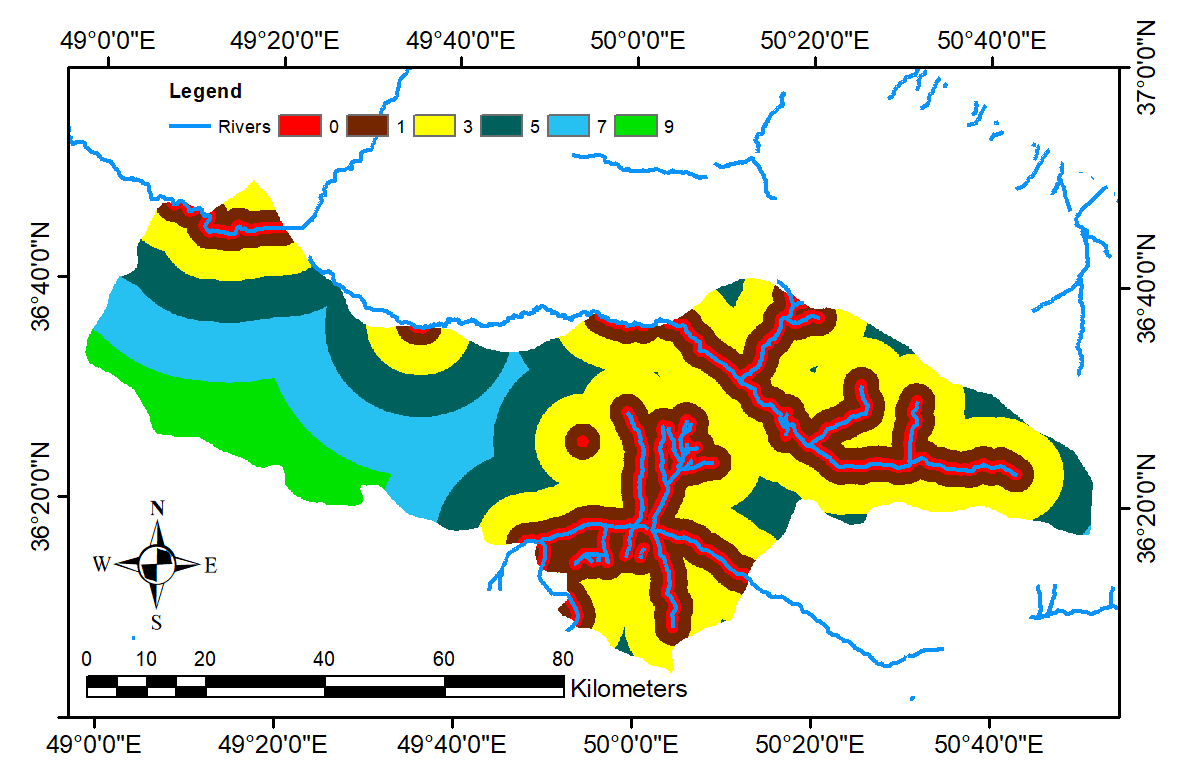 شکل 12. نقشه کلاس‌بندی‌ ارزش‌گذاری شده فاصله از رودخانه‌ها