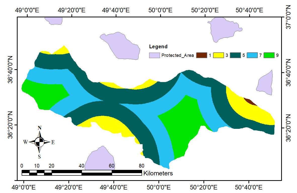 شکل 13. نقشه کلاس‌بندی‌ ارزش‌گذاری شده فاصله از مناطق حفاظت شده
