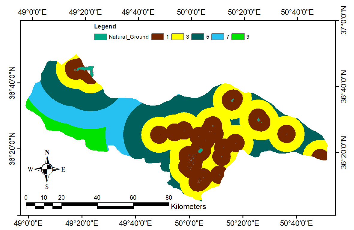 شکل 14. نقشه کلاس‌بندی‌ ارزش‌گذاری شده فاصله از فضاهای سبز و بکر