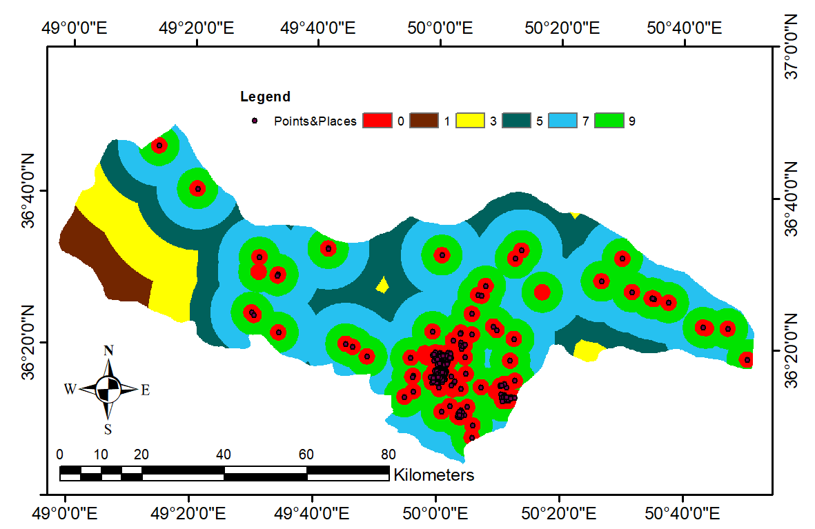 شکل 16. نقشه کلاس‌بندی‌ ارزش‌گذاری شده فاصله از نقاط خدمات بین شهری