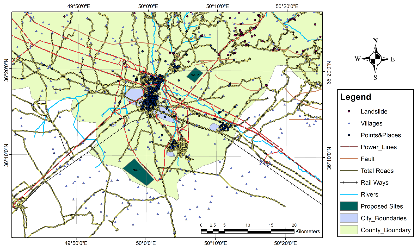 شکل 19. دو سایت پیشنهادی در پروژه مکان یابی GIS برای محل دفن پسماندهای ساختمانی برای شهرستان قزوین