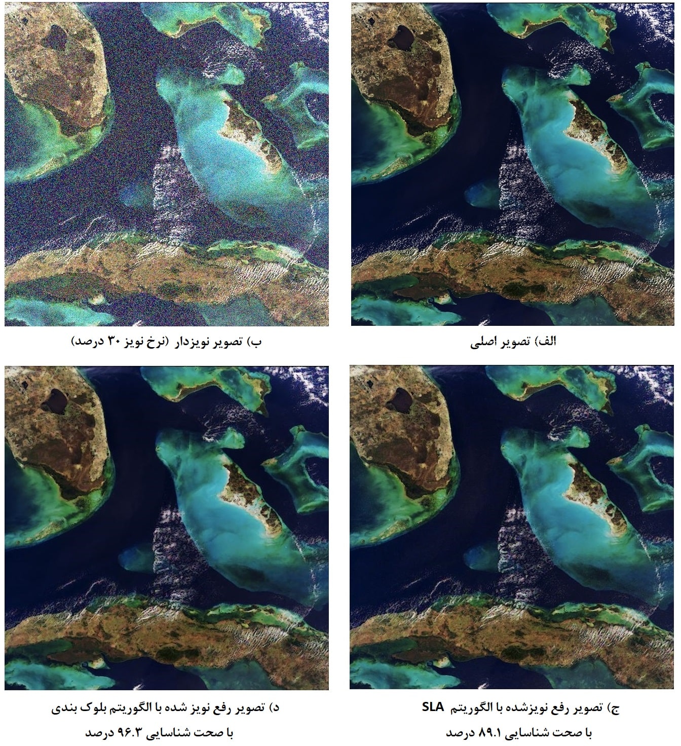 شکل 1. نتایج حذف نویز از تصاویر ماهواره ای - نمونه شماره 1 - کدهای متلب حذف نویز