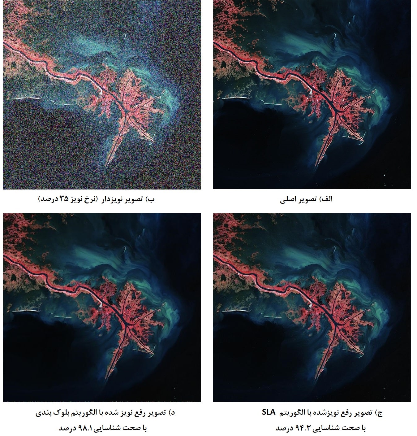 شکل 2. نتایج حذف نویز از تصاویر ماهواره ای - نمونه شماره 2 - کدهای متلب حذف نویز