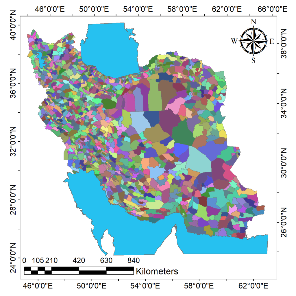 شکل 4. شیپ فایل محدوده بخش های ایران (1175 بخش) | شیپ فایل GIS محدوده بخش های ایران | شیپ فایل بخش های ایران