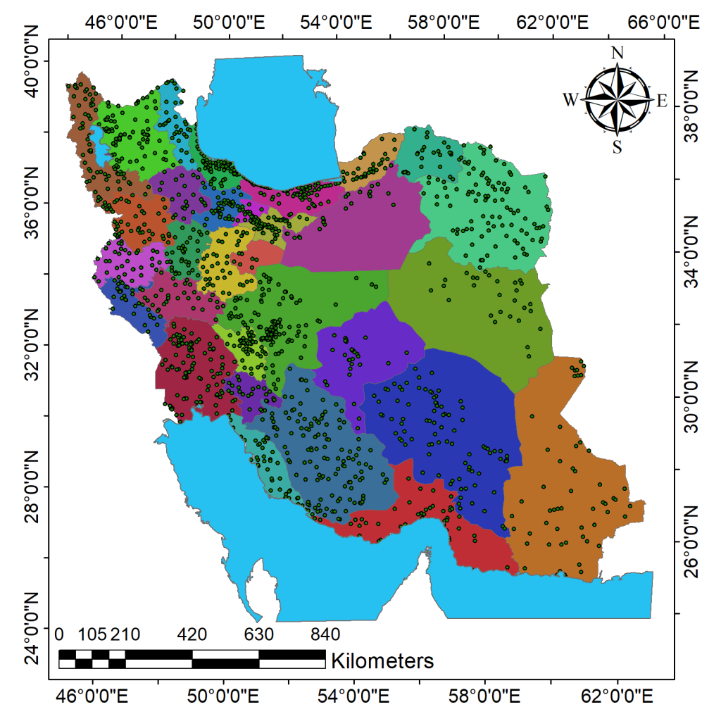 شکل 7. شیپ فایل نقاط شهرهای ایران (1568 شهر) | شیپ فایل GIS شهرهای ایران | شیپ فایل شهرهای ایران