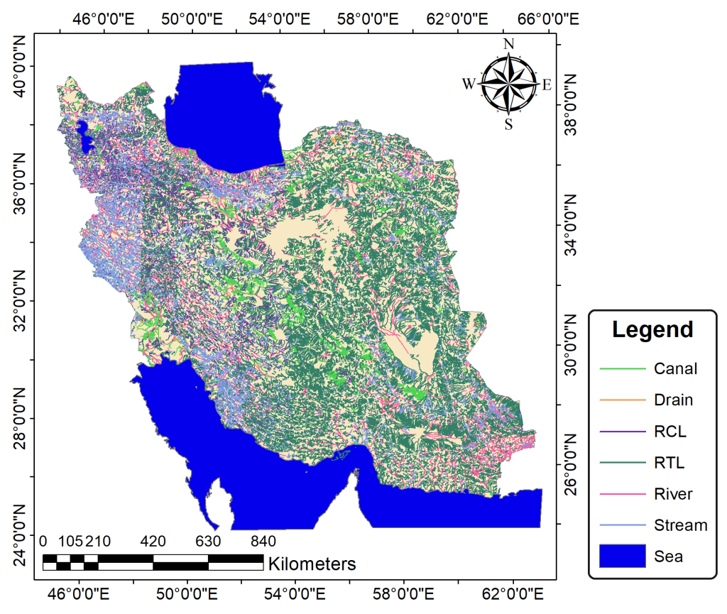 شکل 3. شیپ فایل رودخانه های ایران به همراه شیپ فایل آبراهه ها و کانال‌های ایران 